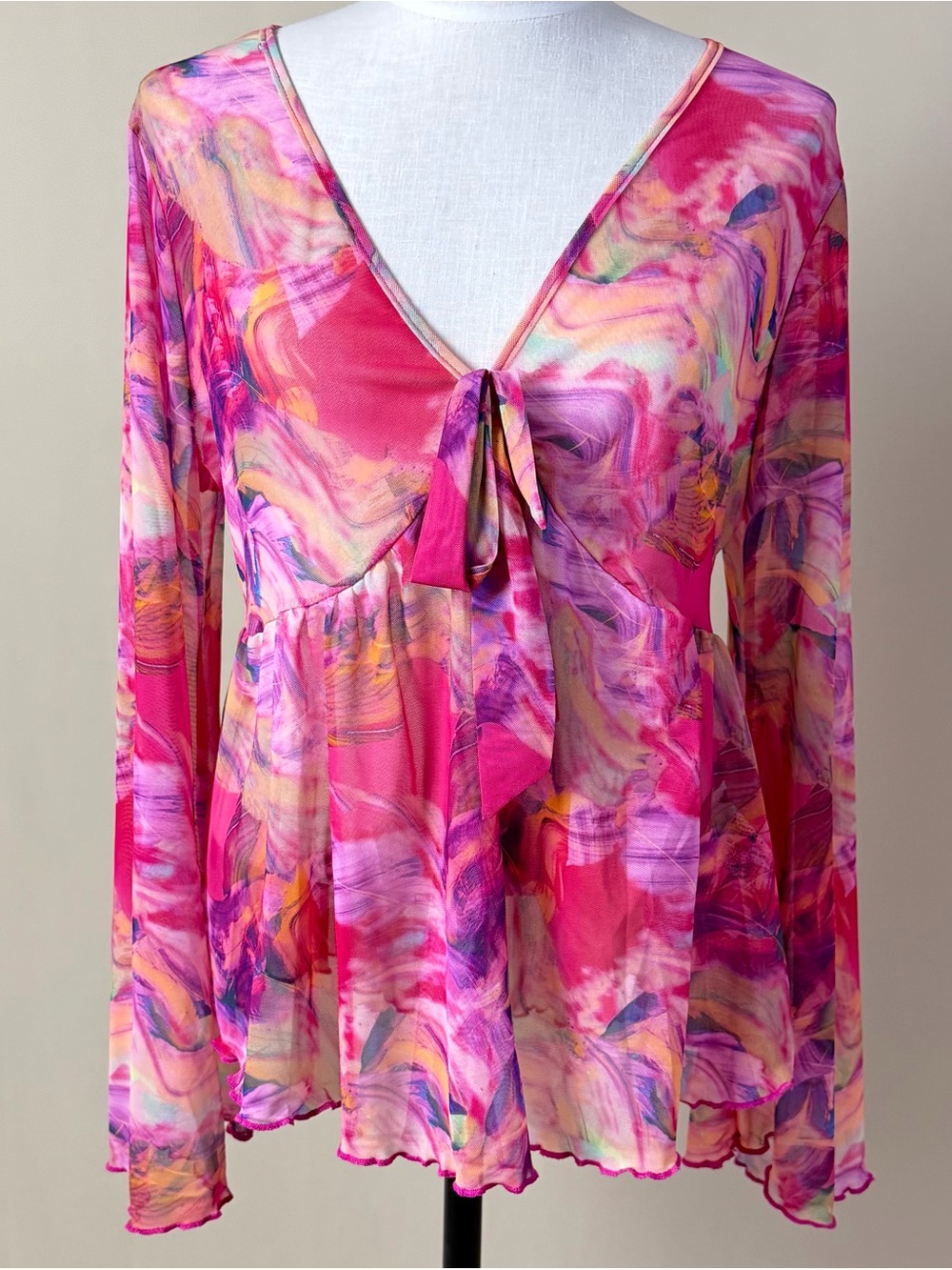 SHEIN Pink Marble Tie-Front Flowy V-Neck Blouse